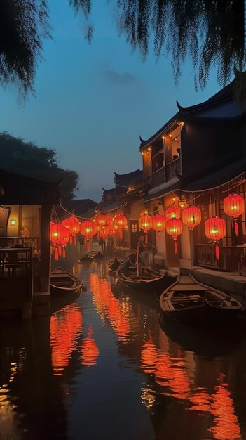 A canal with a boat in it and a lantern hanging over it