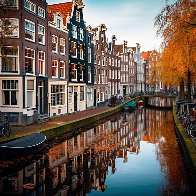 A canal with a boat on the water in Amsterdam