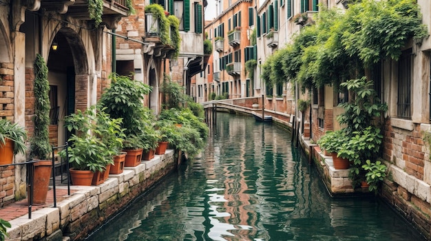 a canal with houses and plants on the water