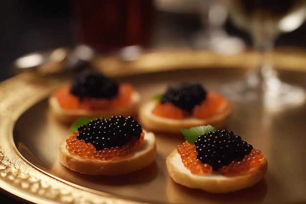 Canapes with black and red caviar AI Generated