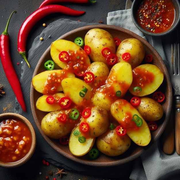 Canarian potatoes papas arrugadas with mojo hot sauce Black background Top view