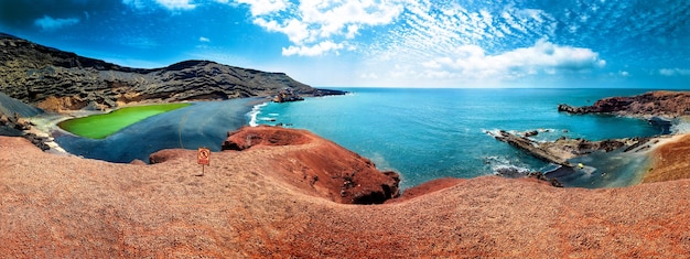 Canary island and Spanish beach.Scenic landscape Green lake in El Golfo, Lanzarote island, Spain