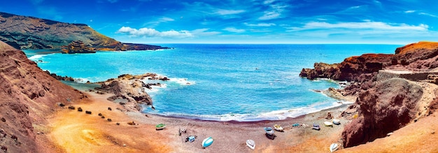 Canary island and Spanish beach.Scenic landscape Green lake in El Golfo, Lanzarote island, Spain