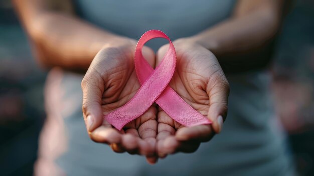 Cancer awareness ribbon held in hands closeup symbol of hope