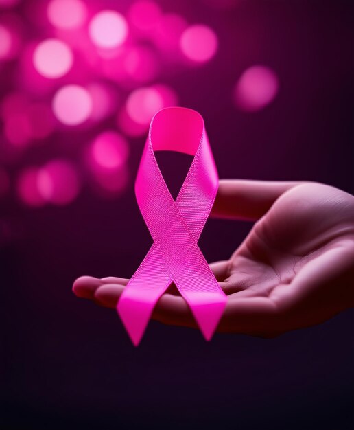 Cancer awareness ribbon pink color background concept Ribbon in the hand