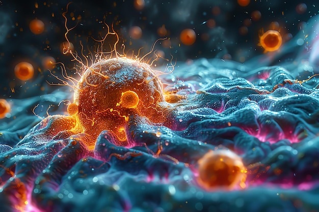 A cancer cell being engulfed by immune cells with intricate details of cellular structures