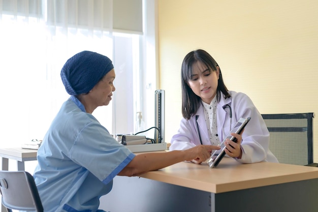 Cancer patient woman wearing head scarf after chemotherapy