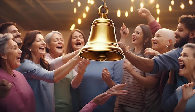 A cancer survivor ringing a symbolic End of Treatment bell surrounded by cheering loved ones