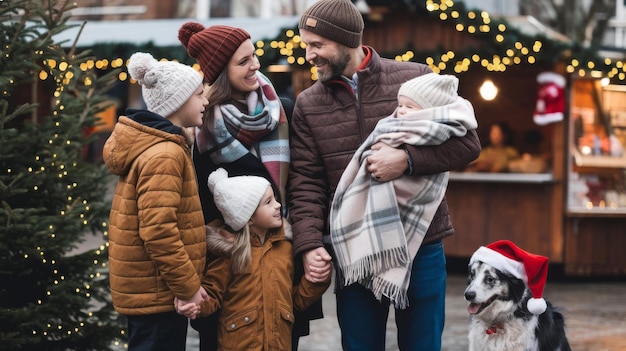 Candid authentic happy family during wintertime together enjoying holidays with dog at xmas