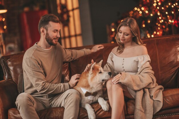 Candid authentic happy married couple spends time together with japanese dog at Xmas lodge