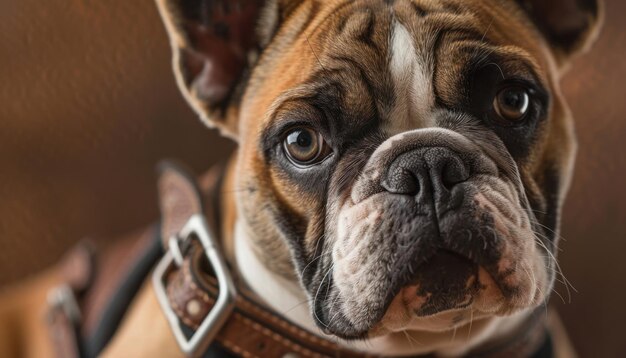 Photo candid closeup of a french bulldog wearing a leather harness indoors