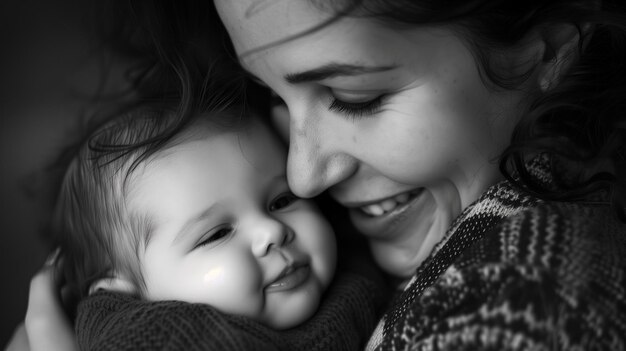 A candid closeup photograph reminiscent of a family album featuring a mothers delighted expressio