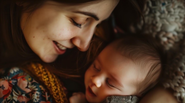 A candid closeup photograph reminiscent of a family album featuring a mothers delighted expression