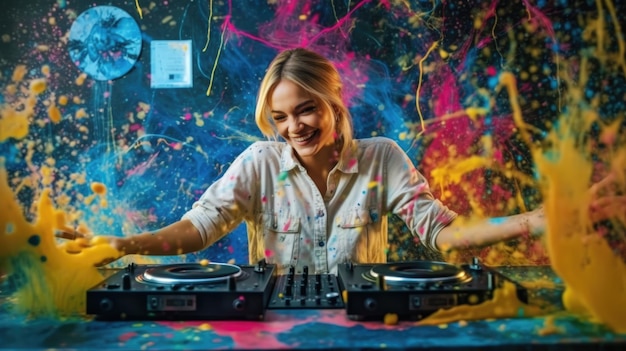 Candid an excited DJ young scandinavian woman mixing music at turntables with headphones generative ai AIG32