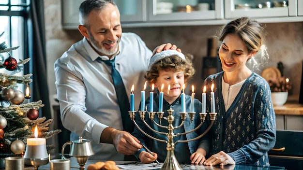 Photo candid family decorating for hanukkah joyful moments captured in medium shot