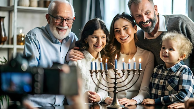 Photo candid family moment lighting hanukkah candles around menorah warmth tradition and genuine smile