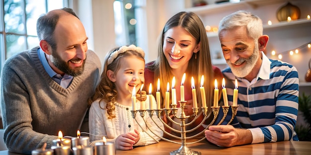 Photo candid family moment lighting the menorah at home for a warm and joyful hanukkah celebration fest