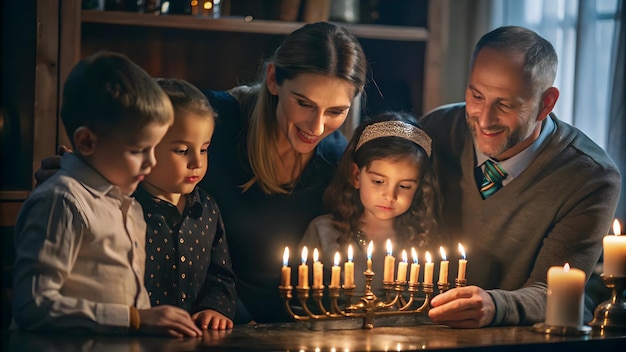 Candid Family Photo of Children Lighting Hanukkah Candles with Parents Heartwarming Festive Scene