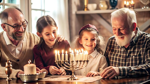 Candid Family Photo Lighting Menorah at Home for Hanukkah Celebration Joyful Holiday Gathering wit