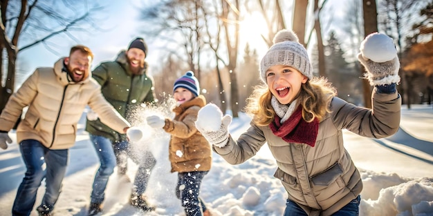 Candid Family Snowball Fight in a Winter Park Joyful Seasonal Activity Captured in Natural Light f