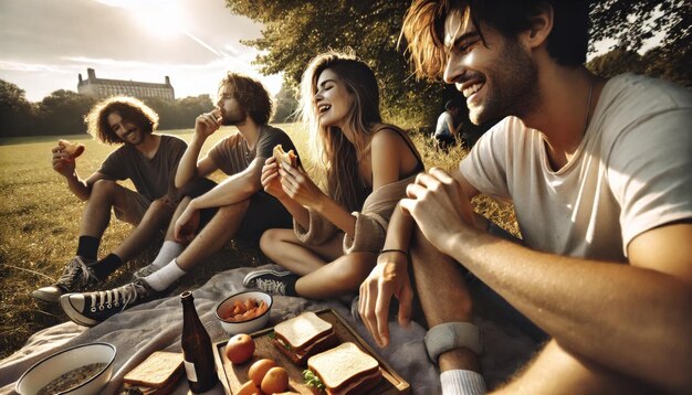 candid of a group of friends having a picnic in the park with genuine laughter and natural expressions