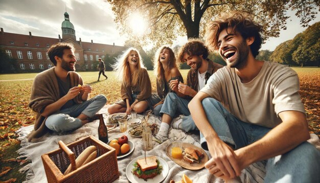 candid of a group of friends having a picnic in the park with genuine laughter and natural expressions