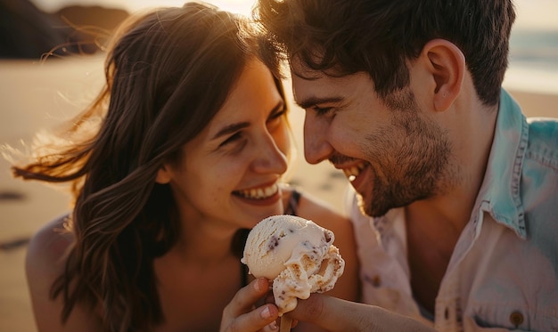 Photo candid moment of a couple sharing a scoop of ice cream