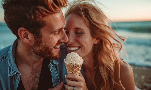 Photo candid moment of a couple sharing a scoop of ice cream