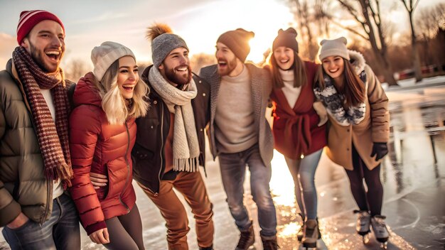 Candid Moments of Friends Ice Skating on a Frozen Lake Joyful Winter Scene Captured with Wide Angl