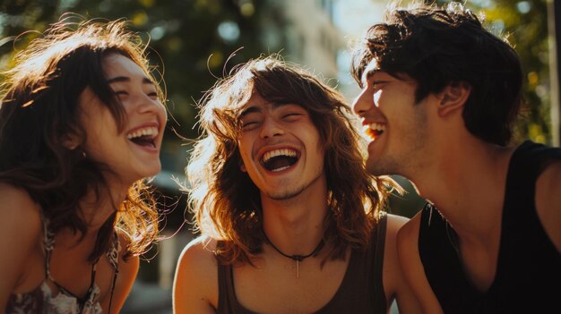 Candid moments of friends laughing together Best friends enjoying time together outdoors