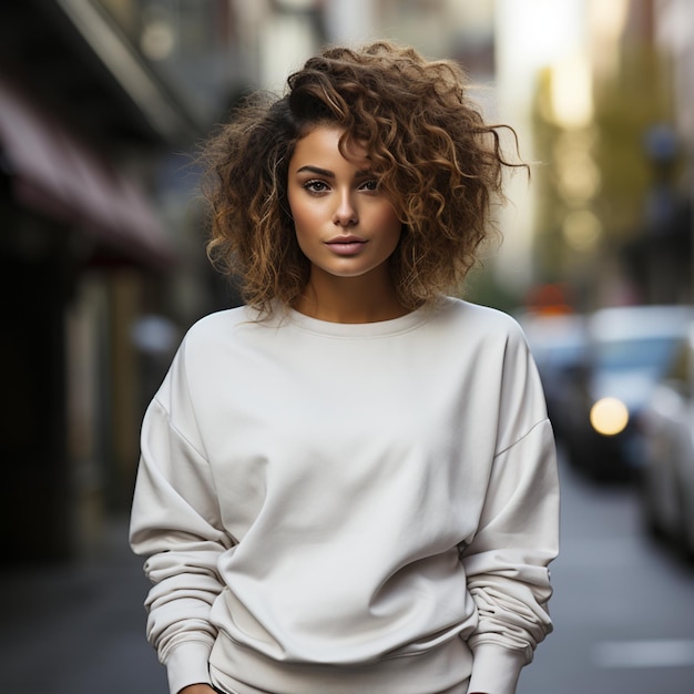 candid photo black femal model wearing a blank white crewneck sweatshirt posing outside of a city