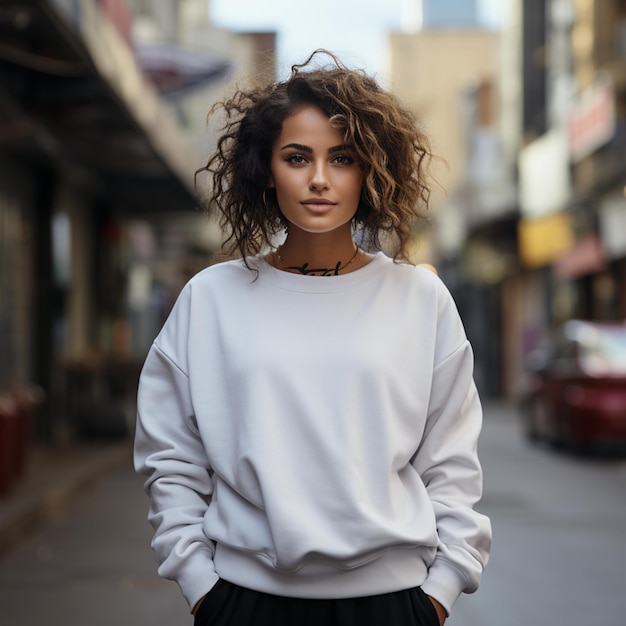 candid photo black femal model wearing a blank white crewneck sweatshirt posing outside of a city