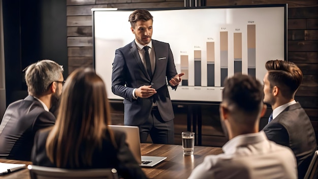 Photo candid photo of businessman presenting retail performance data in a meeting ideal for datadriven