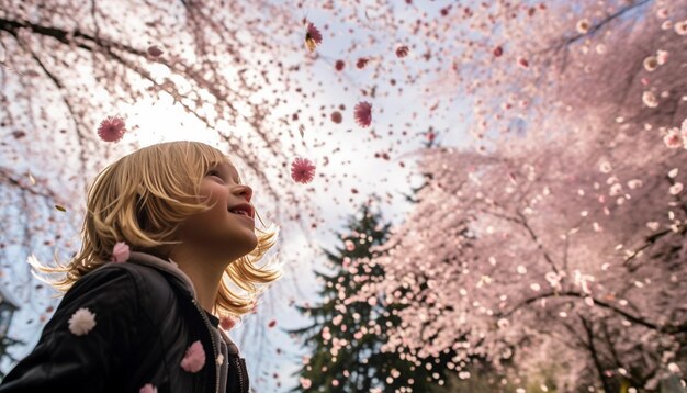 Photo a candid photo of a child in awe of falling cherry blossoms