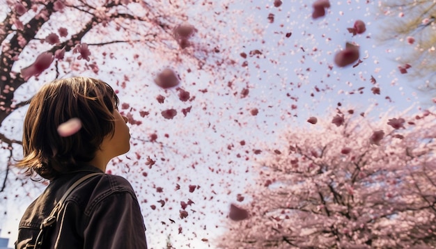 Photo a candid photo of a child in awe of falling cherry blossoms