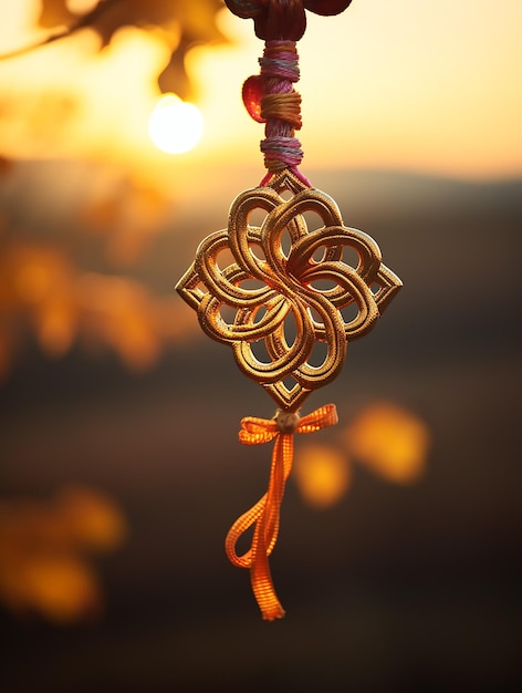 A candid photo a chinese eternal knot hanging at dawn