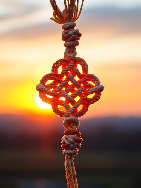 A candid photo a chinese eternal knot hanging at dawn