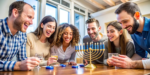 Photo candid photo of friends joyfully playing dreidel game at hanukkah party capturing laughter and ene