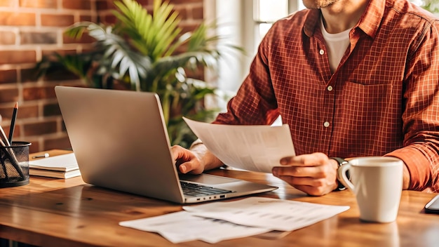 Photo candid photo of a person paying bills online using a laptop with receipts and documents scattered ar