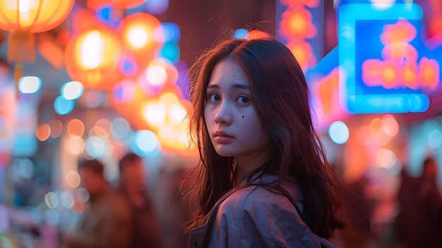 Candid Portrait in Vibrant Night Street with Neon Lights