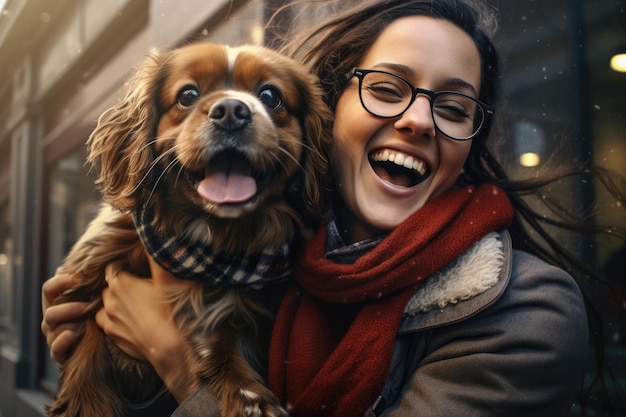 candid portrait young adult woman holding her dog in the street AI Generated