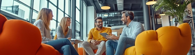 Photo candid shot of a business team brainstorming in a modern office concept as a candid shot capturing a