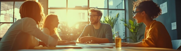 Photo candid shot of a business team brainstorming in a modern office concept as a candid shot capturing a