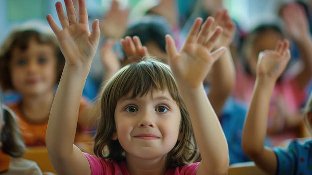 A candid shot capturing the essence of classroom dynamics children energetically raising hands