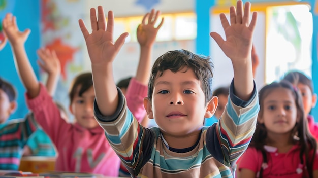 A candid shot capturing the essence of classroom dynamics children energetically raising hands