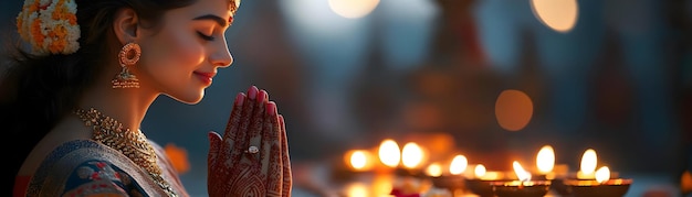 Photo candid shot of a couple praying together at a diwali altar with glowing diyas and festive decoration