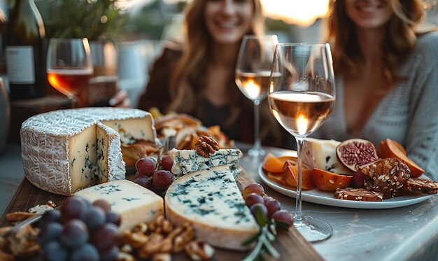 Photo candid shot of friends enjoying a rooftop wine and cheese gathering