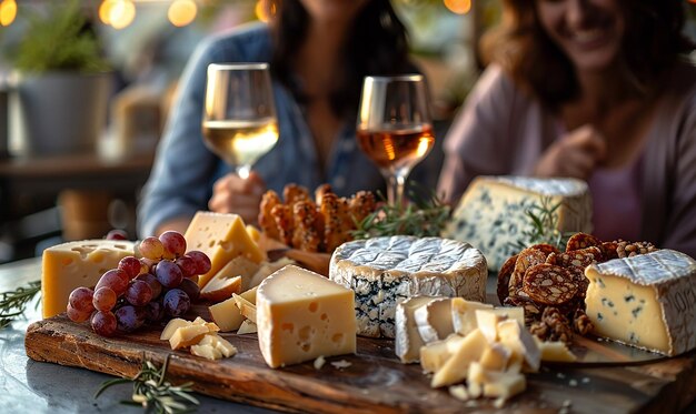 Photo candid shot of friends enjoying a rooftop wine and cheese gathering