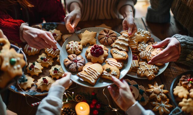 Photo candid shot of friends enjoying a variety of christmas