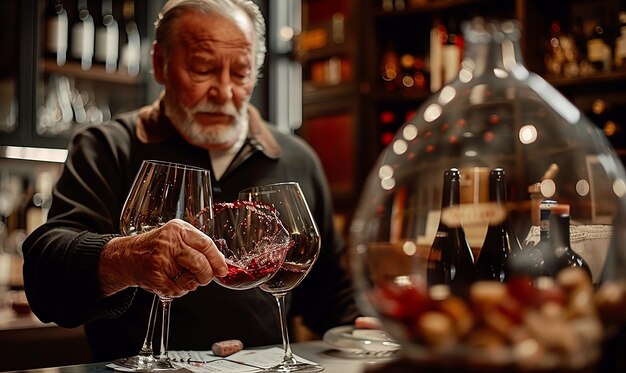 Photo candid shot of a wine connoisseur swirling red wine